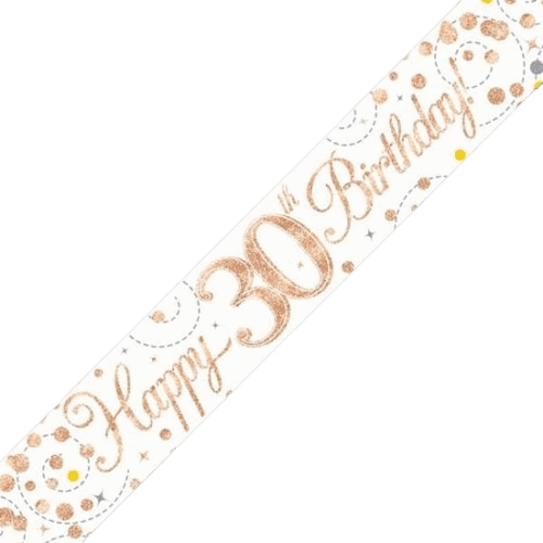 Sparkling Fizz 30th Birthday White & Rose Gold Holographic Banner - Eternity Party Express