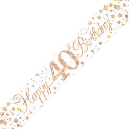 Sparkling Fizz 40th Birthday White & Rose Gold Holographic Banner - Eternity Party Express