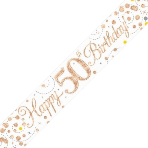 Sparkling Fizz 50th Birthday White & Rose Gold Holographic Banner - Eternity Party Express