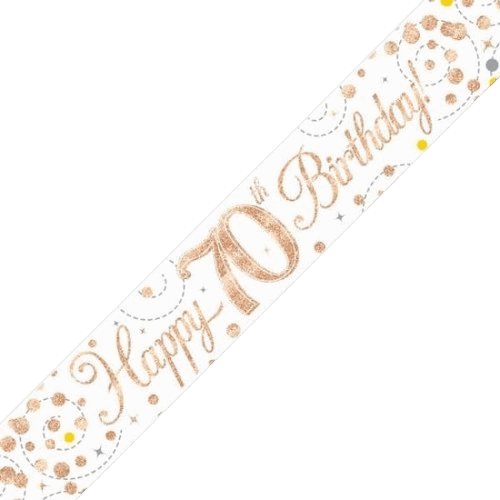 Sparkling Fizz 70th Birthday White & Rose Gold Holographic Banner - Eternity Party Express
