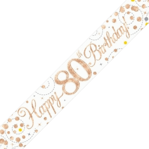Sparkling Fizz 80th Birthday White & Rose Gold Holographic Banner - Eternity Party Express