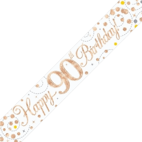 Sparkling Fizz 90th Birthday White & Rose Gold Holographic Banner - Eternity Party Express