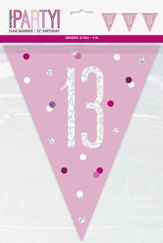 13th Plastic Pink & Silver Pennant Bunting