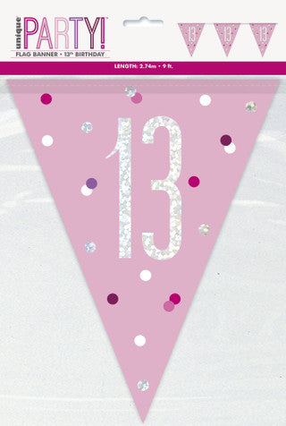 13th Plastic Pink & Silver Pennant Bunting