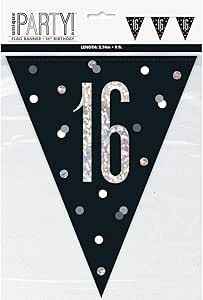 16th Plastic Black & Silver Pennant Bunting