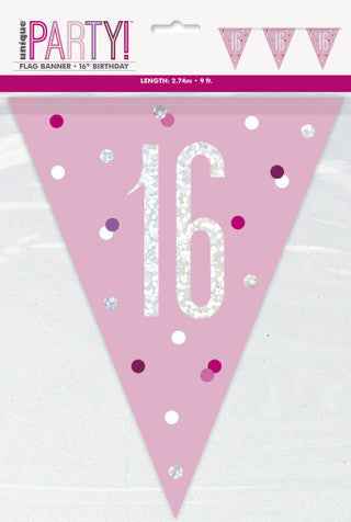 16th Plastic Pink & Silver Pennant Bunting