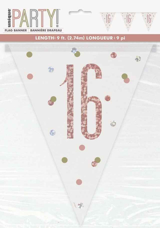 16th Plastic Rose Gold & White Pennant Bunting