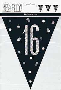 16th Plastic Black & Silver Pennant Bunting