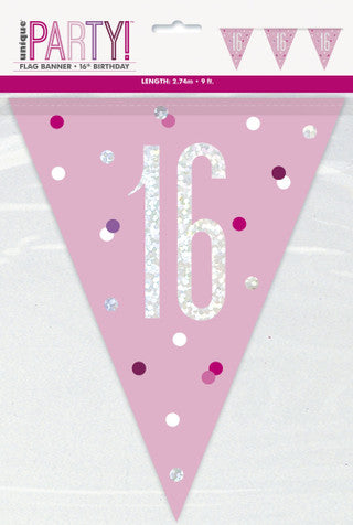 16th Plastic Pink & Silver Pennant Bunting