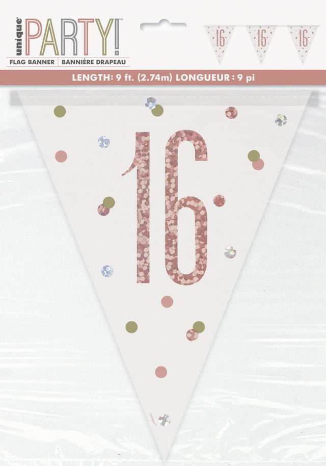 16th Plastic Rose Gold & White Pennant Bunting
