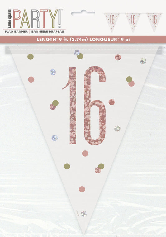 16th Plastic Rose Gold & White Pennant Bunting