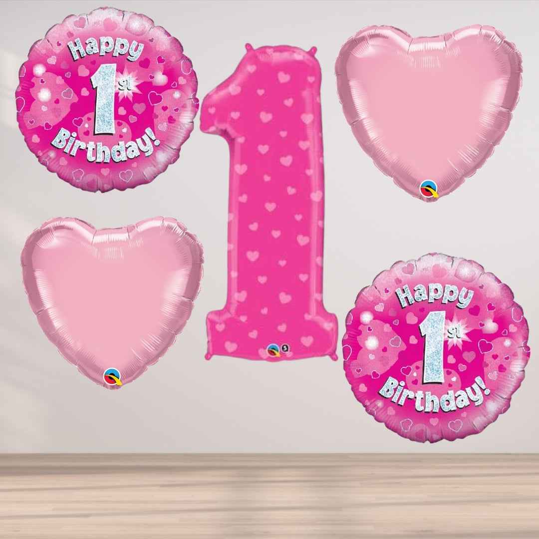 1st Birthday Pink 5 Balloon Cluster