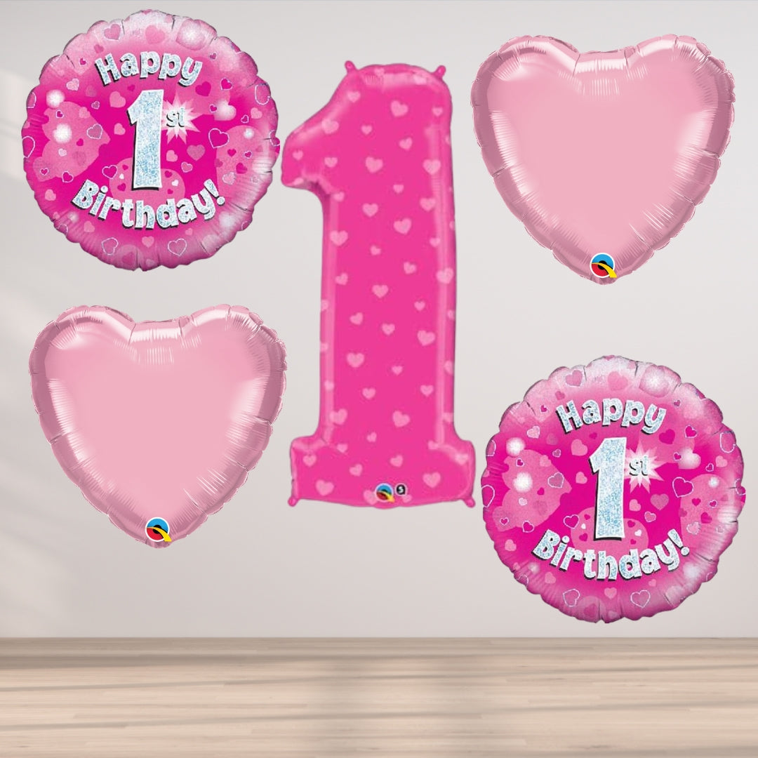 1st Birthday Pink 5 Balloon Cluster