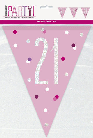 21st Plastic Pink & Silver Pennant Bunting