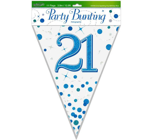 21st Sparkling Fizz Birthday Blue Holographic Bunting