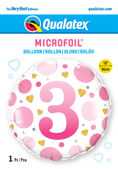 3rd Birthday Pink Dots & Gold Hearts Foil Balloon