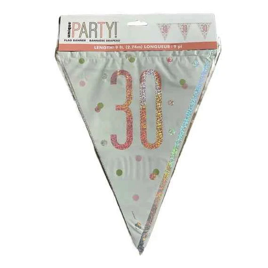30th Plastic Rose Gold & White Pennant Bunting