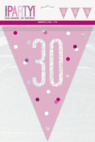 30th Plastic Pink & Silver Pennant Bunting