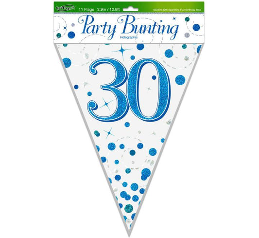 30th Sparkling Fizz Birthday Blue Holographic Bunting