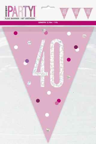 40th Plastic Pink & Silver Pennant Bunting