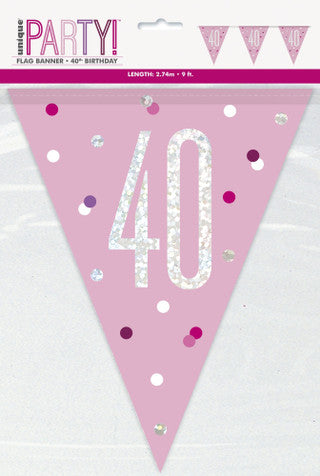 40th Plastic Pink & Silver Pennant Bunting