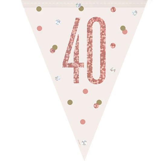 40th Plastic Rose Gold & White Pennant Bunting