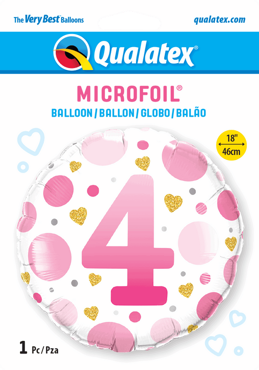 4th Birthday Pink Dots & Gold Hearts Foil Balloon