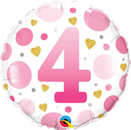 4th Birthday Pink Dots & Gold Hearts Foil Balloon