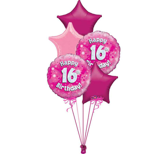 5 Balloon Cluster Pink 16th Birthday