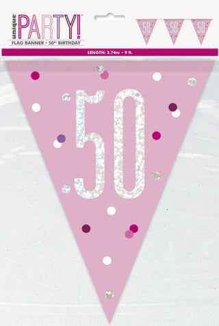 50th Plastic Pink & Silver Pennant Bunting