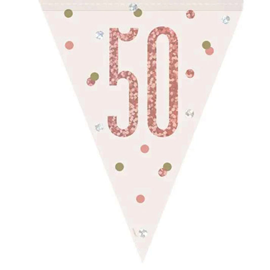 50th Plastic Rose Gold & White Pennant Bunting