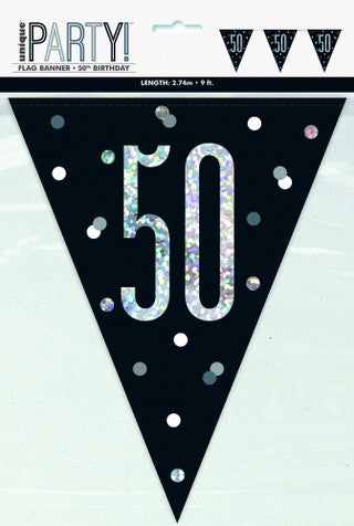 50th Plastic Black & Silver Pennant Bunting