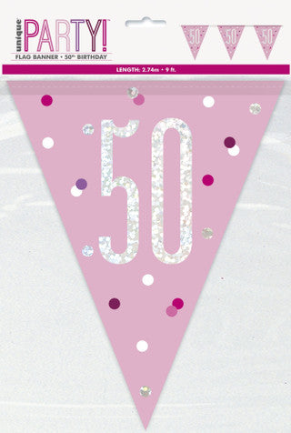 50th Plastic Pink & Silver Pennant Bunting