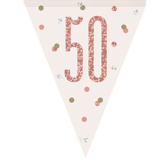50th Plastic Rose Gold & White Pennant Bunting