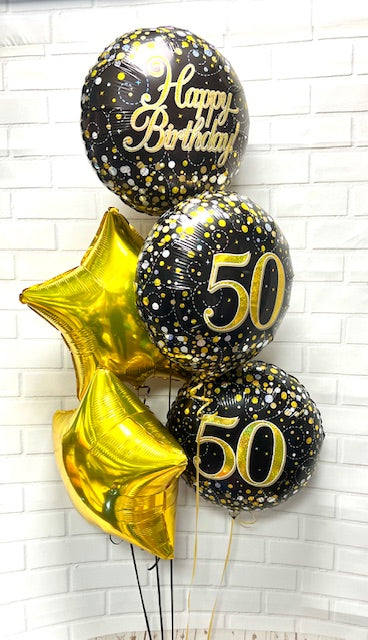 5 Balloon Cluster 50th Black & Gold