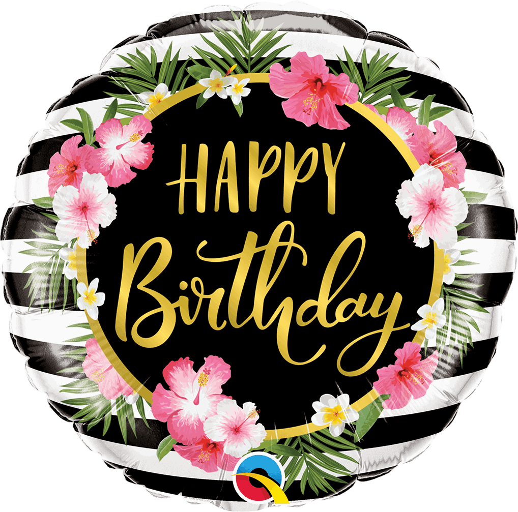 Hibiscus Stripes Happy Birthday Foil Balloon - Eternity Party Express