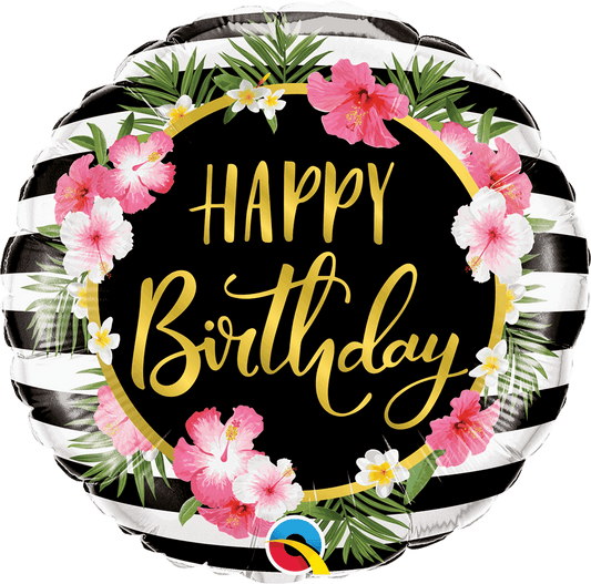 Hibiscus Stripes Happy Birthday Foil Balloon - Eternity Party Express