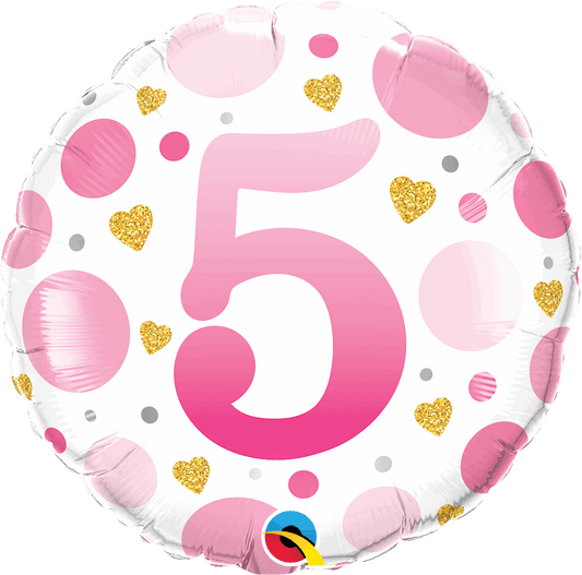 5th Birthday Pink Dots & Gold Hearts Foil Balloon