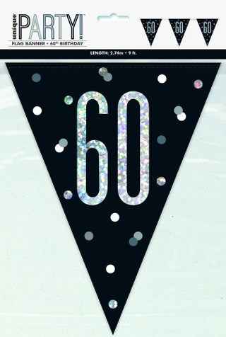 60th Plastic Black & Silver Pennant Bunting