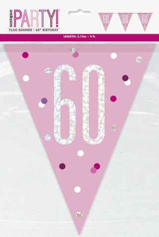 60th Plastic Pink & Silver Pennant Bunting
