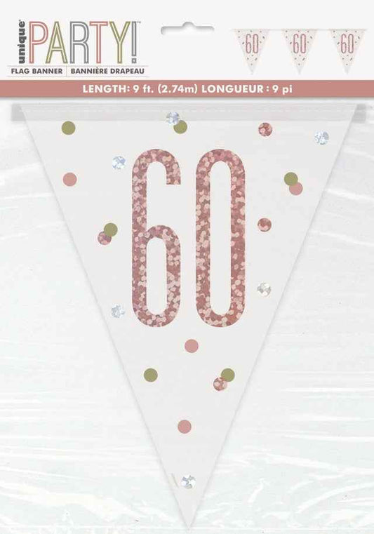 60th Plastic Rose Gold & White Pennant Bunting