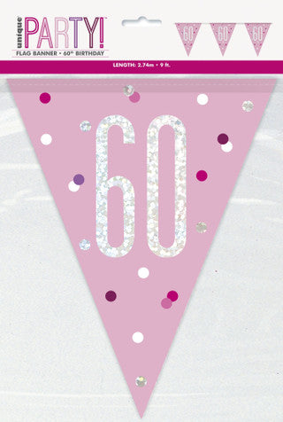 60th Plastic Pink & Silver Pennant Bunting