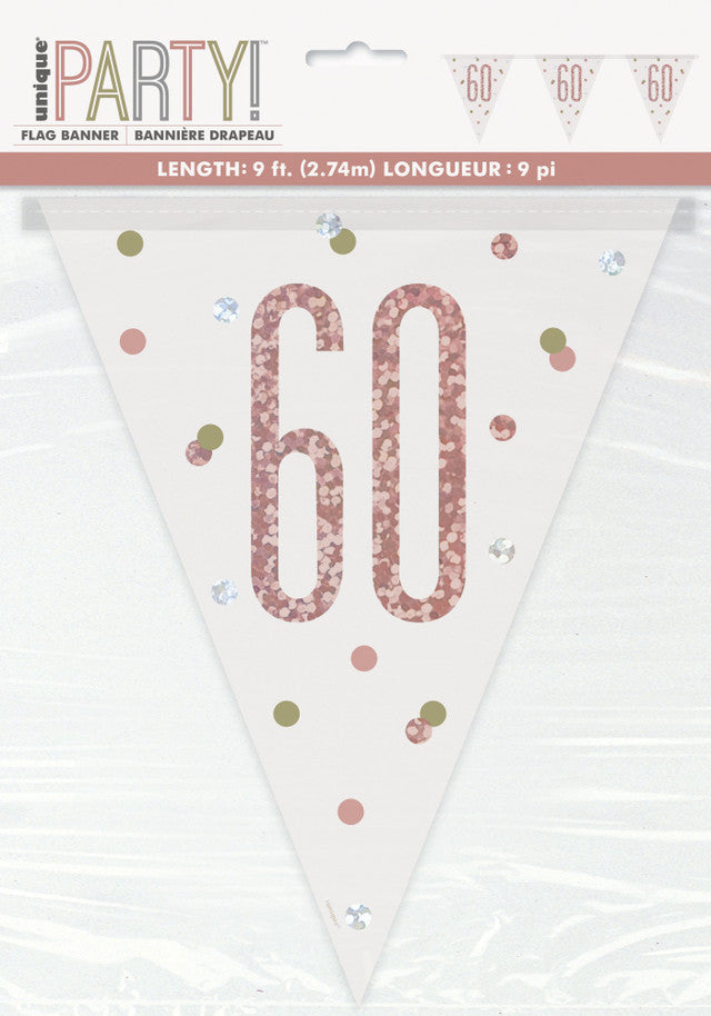 60th Plastic Rose Gold & White Pennant Bunting