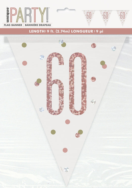 60th Plastic Rose Gold & White Pennant Bunting