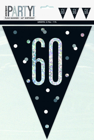 60th Plastic Black & Silver Pennant Bunting