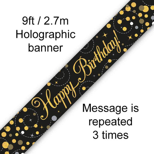 Sparkling Fizz Happy Birthday Black & Gold Holographic Birthday Banner - Eternity Party Express