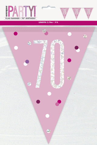 70th Plastic Pink & Silver Pennant Bunting