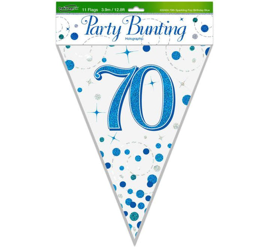 70th Sparkling Fizz Birthday Blue Holographic Bunting