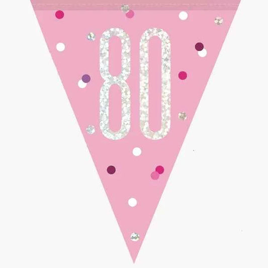 80th Plastic Pink & Silver Pennant Bunting