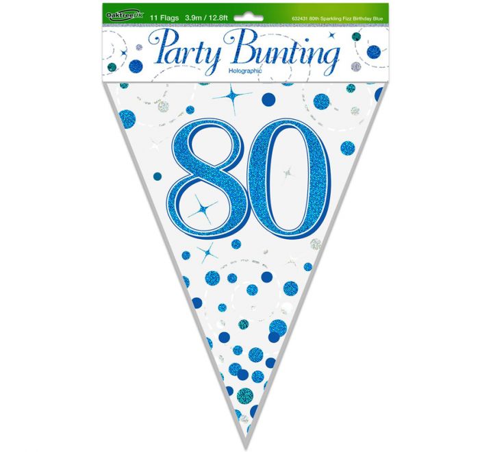 80th Sparkling Fizz Birthday Blue Holographic Bunting